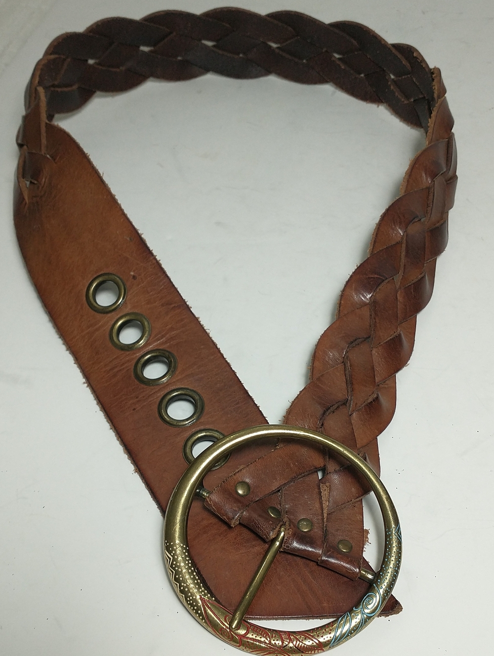 Braided Leather Belt, Large Gold Buckle, Brown, Women's Size M, Grandma Core